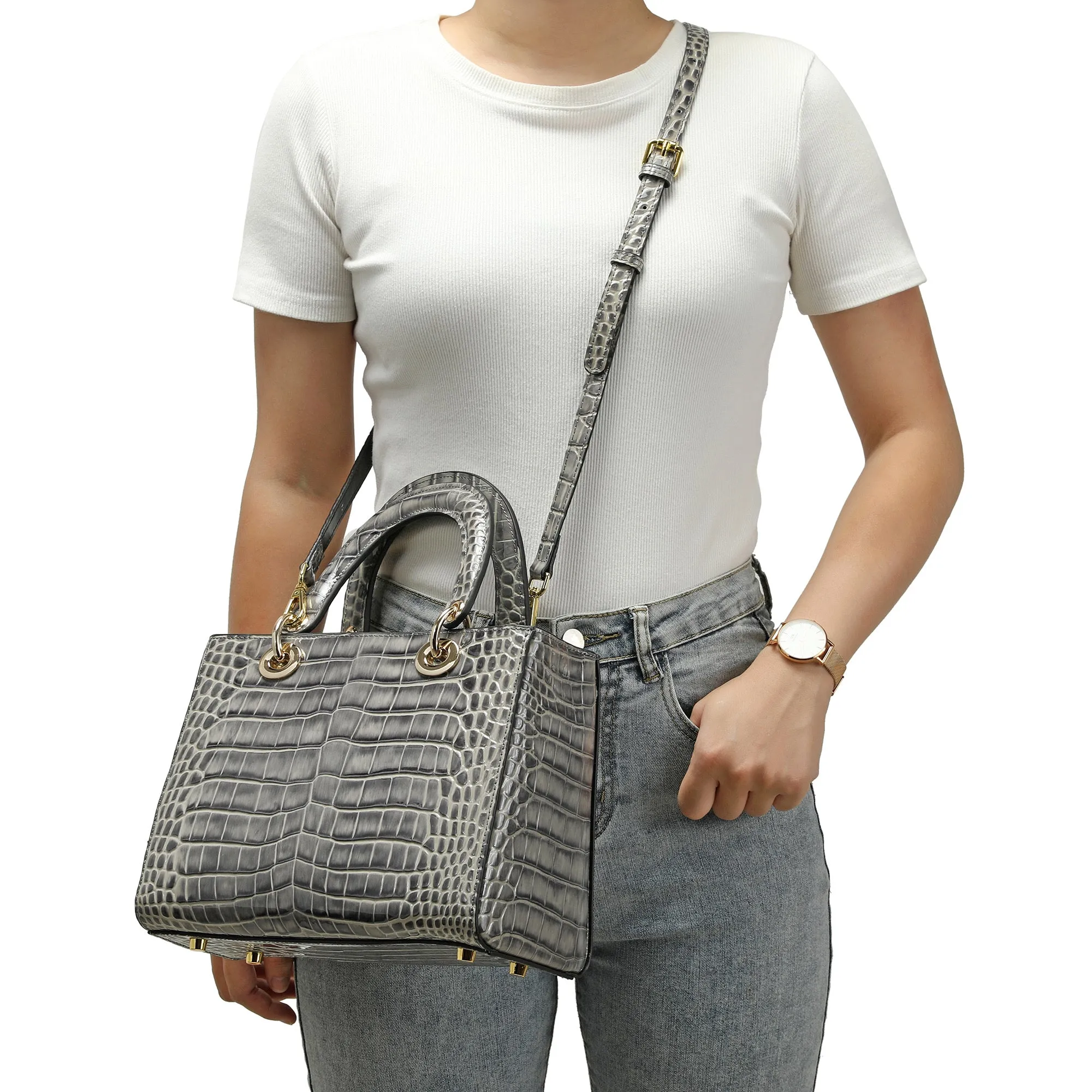 Alligator Embossed Leather Satchel