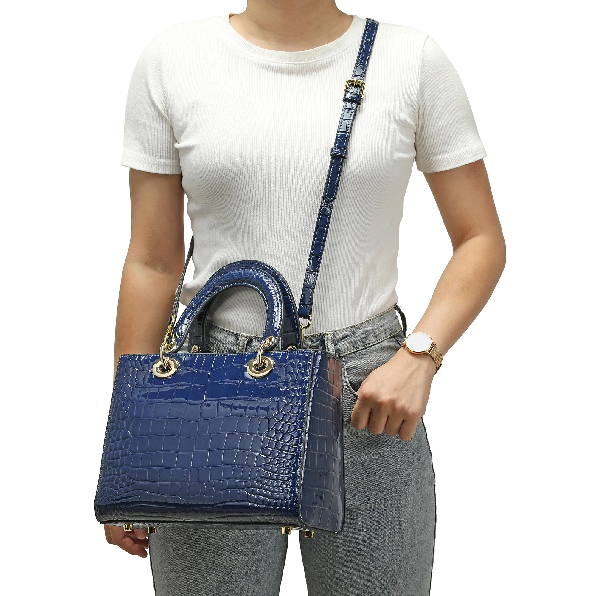 Alligator Embossed Leather Satchel