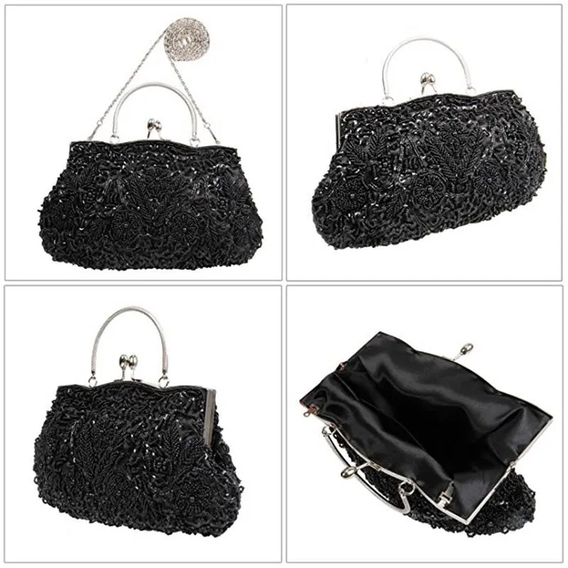 Beaded Sequin Design Metal Frame Kissing Lock Satin Interior Evening Clutch