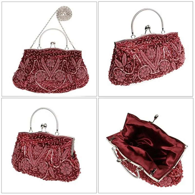 Beaded Sequin Design Metal Frame Kissing Lock Satin Interior Evening Clutch