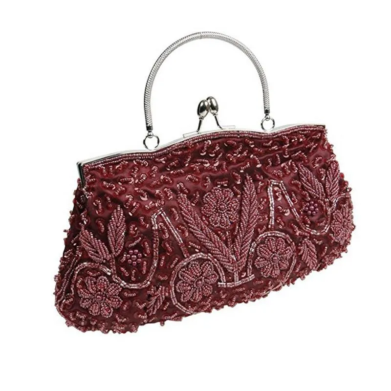 Beaded Sequin Design Metal Frame Kissing Lock Satin Interior Evening Clutch