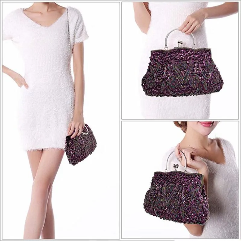 Beaded Sequin Design Metal Frame Kissing Lock Satin Interior Evening Clutch