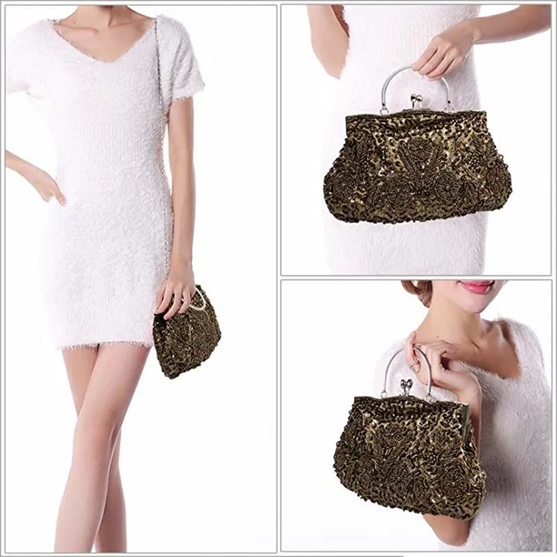 Beaded Sequin Design Metal Frame Kissing Lock Satin Interior Evening Clutch