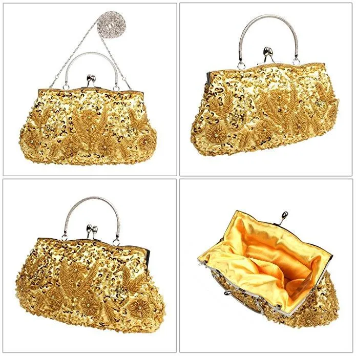 Beaded Sequin Design Metal Frame Kissing Lock Satin Interior Evening Clutch