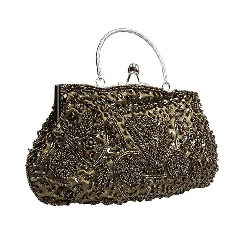 Beaded Sequin Design Metal Frame Kissing Lock Satin Interior Evening Clutch