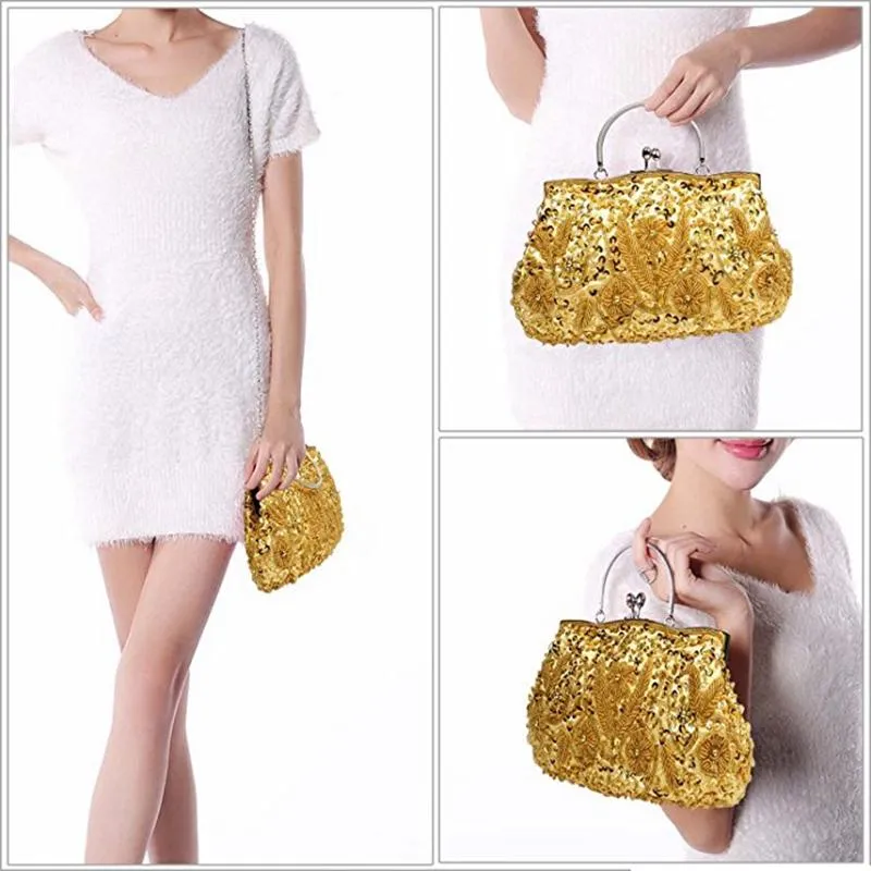 Beaded Sequin Design Metal Frame Kissing Lock Satin Interior Evening Clutch