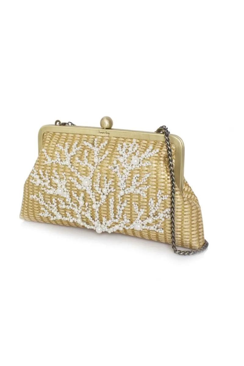 CORAL GOLD STRAW EMBELLISHED CLUTCH