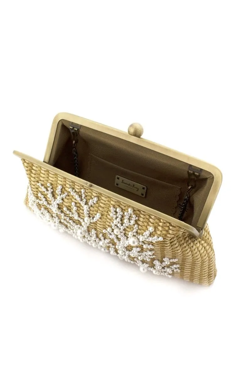 CORAL GOLD STRAW EMBELLISHED CLUTCH