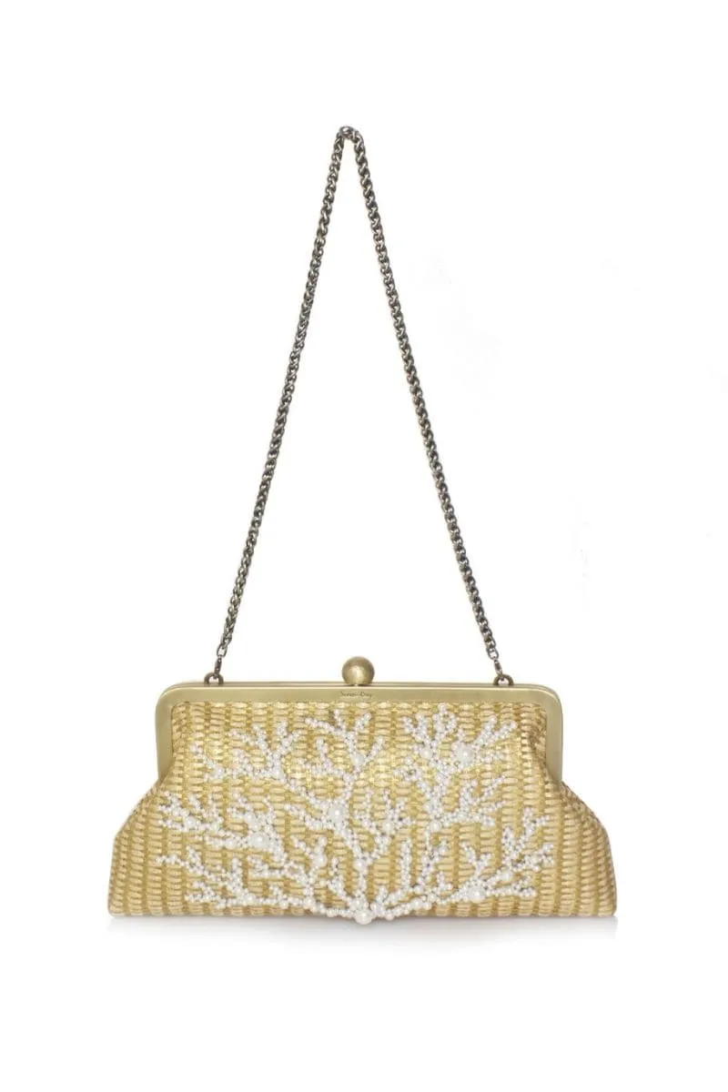 CORAL GOLD STRAW EMBELLISHED CLUTCH