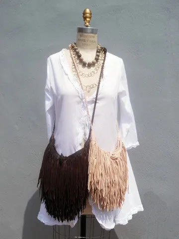 El Fleco Crossbody Fringe Bag White with Beads