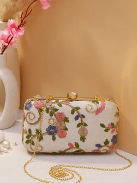 Elegant Cream Embroidered  Victorian Evening Clutch Bag