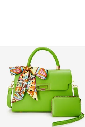 Green Scarf Twist Lock Flap Satchel 2-In-1 Set