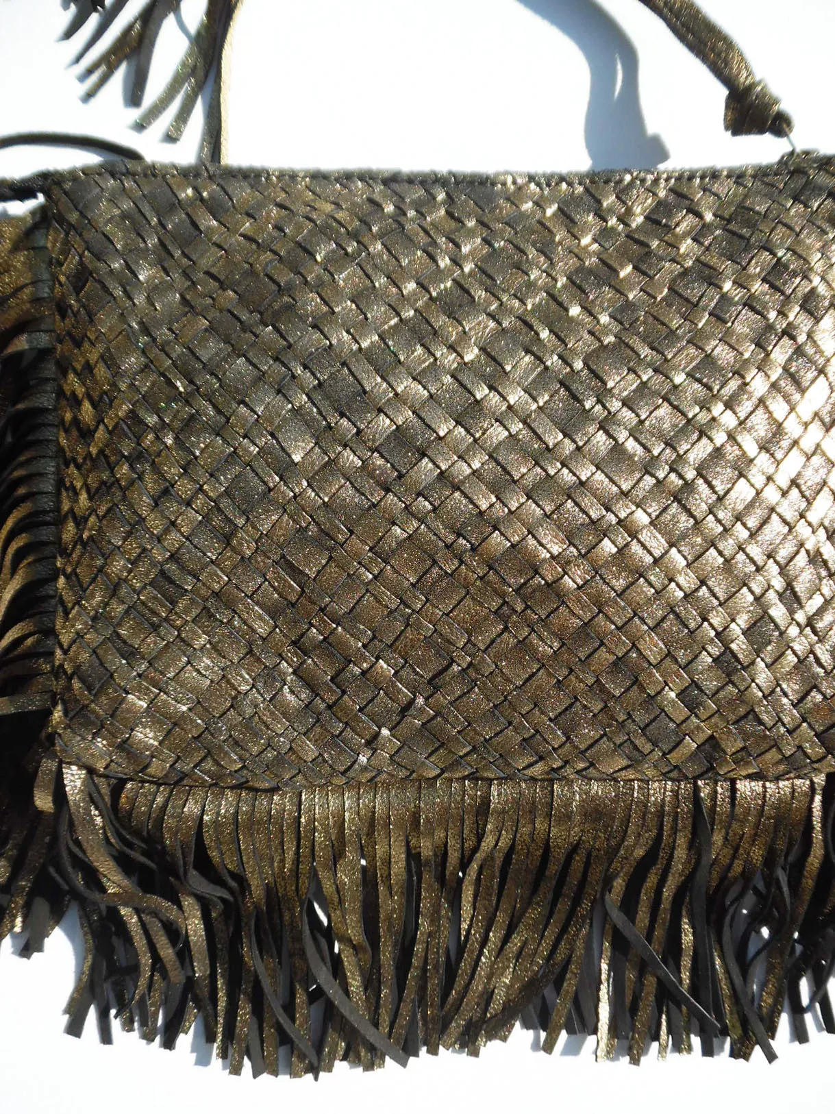 Hand Woven Leather Clutch With Fringe And Tassel Metallic