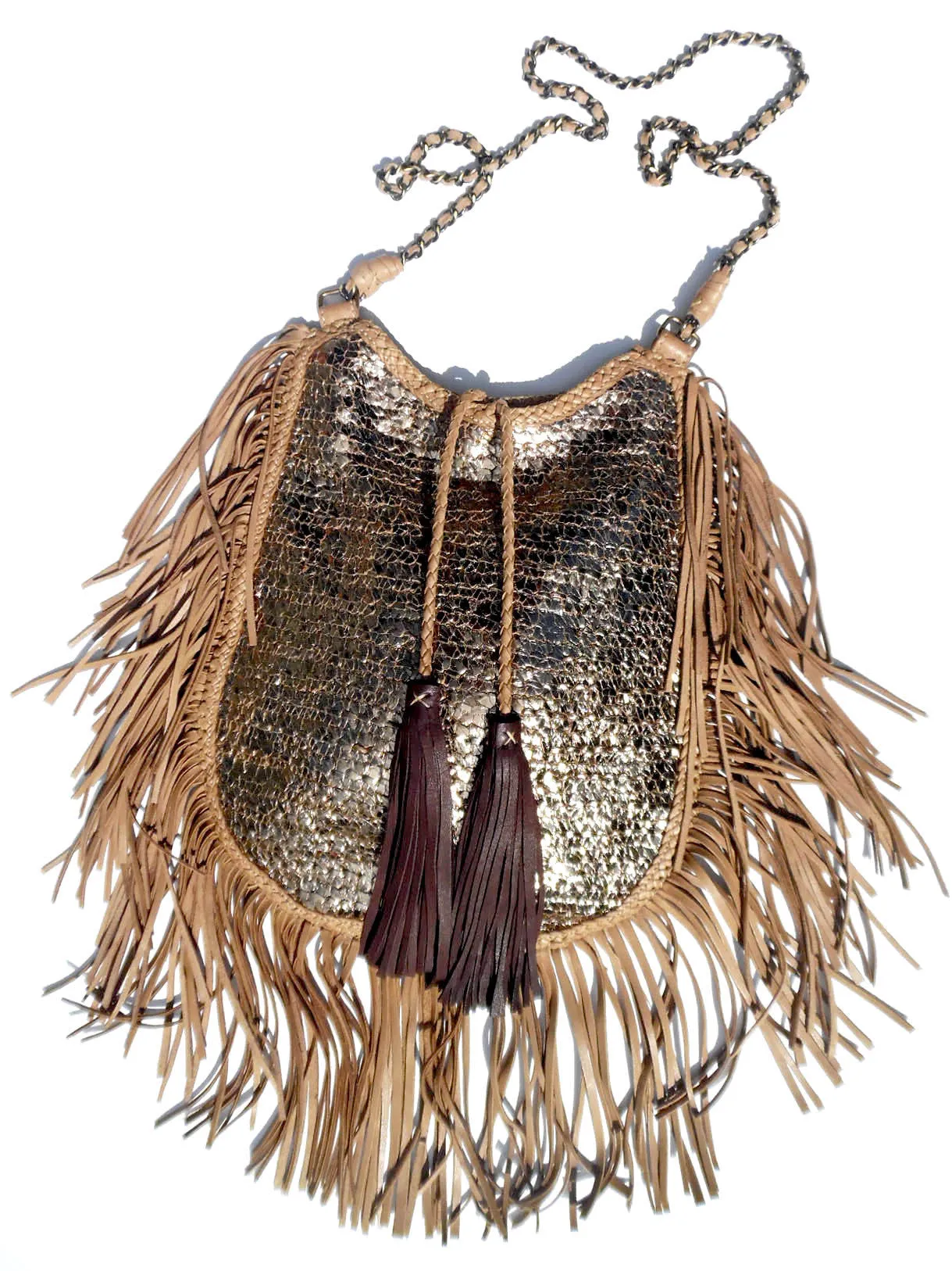 Hand Woven Leather Shoulder Cross Body Bag with Contrast Tassel