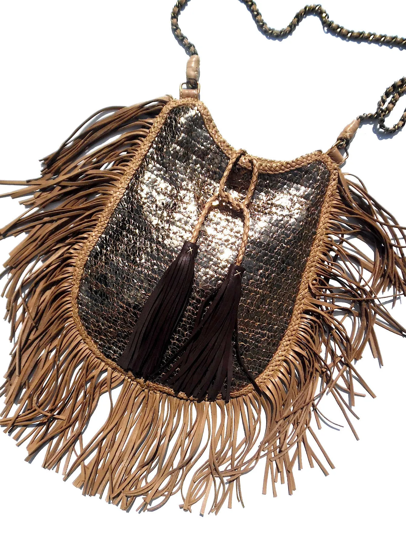 Hand Woven Leather Shoulder Cross Body Bag with Contrast Tassel