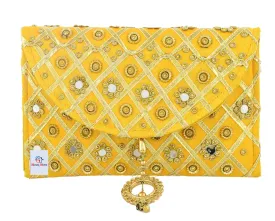 Heart Home Silk Traditional Mirror Work Envelope Clutch Bag Purse Handbag for Bridal, Casual, Party, Wedding (Gold)-HEART11452, standard