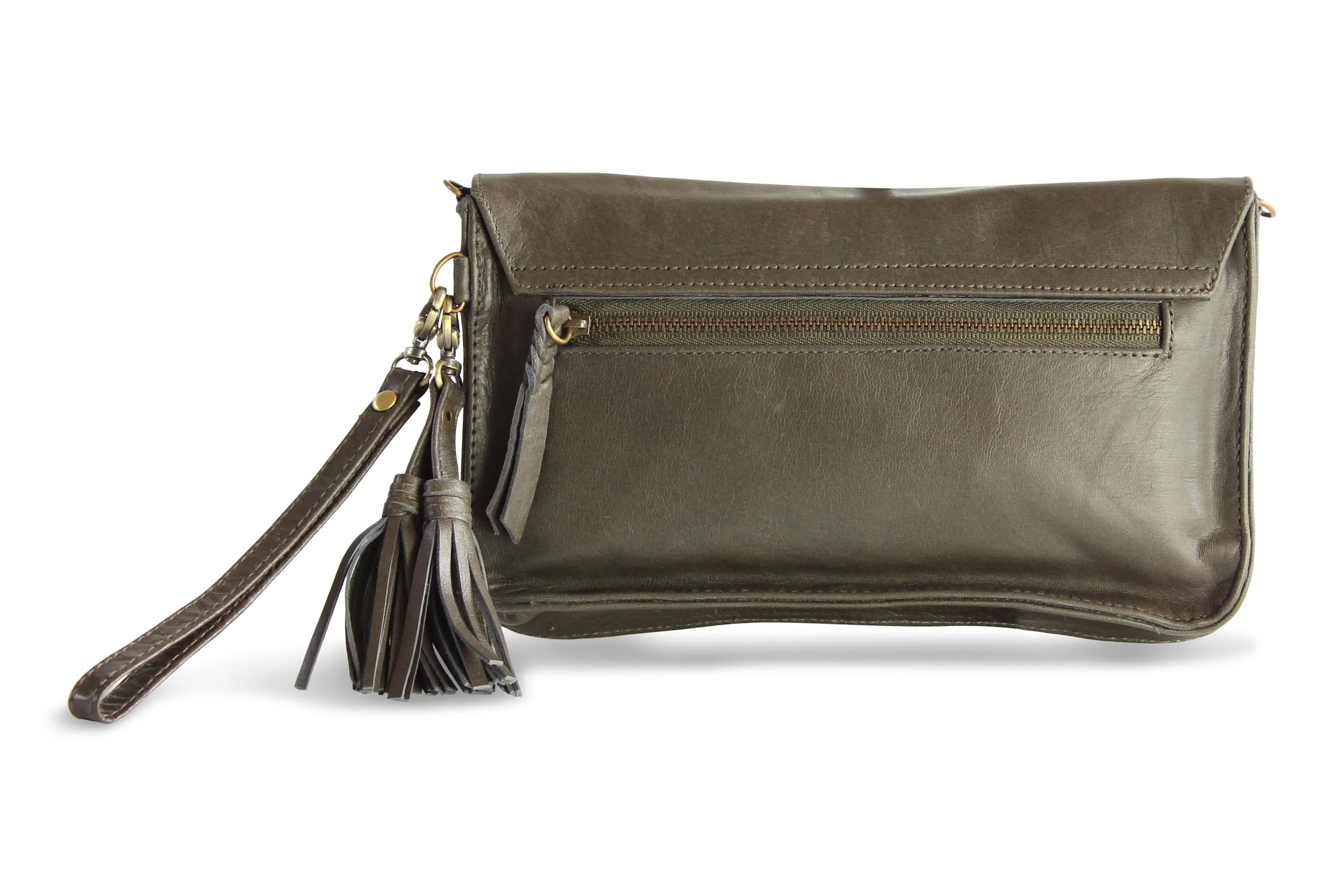 JANE LEATHER CLUTCH IN OLIVE GREY