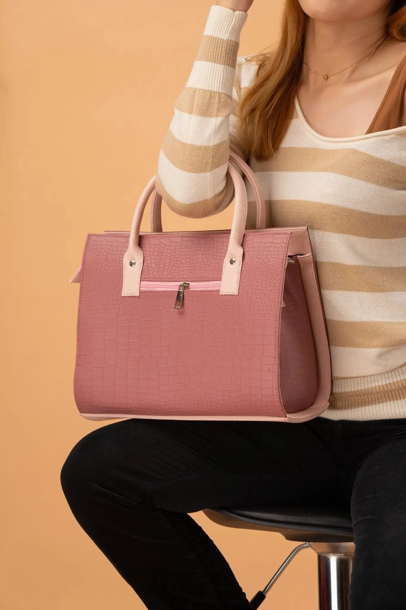 MADELINE Croc Embossed Satchel Bag in Old Rose