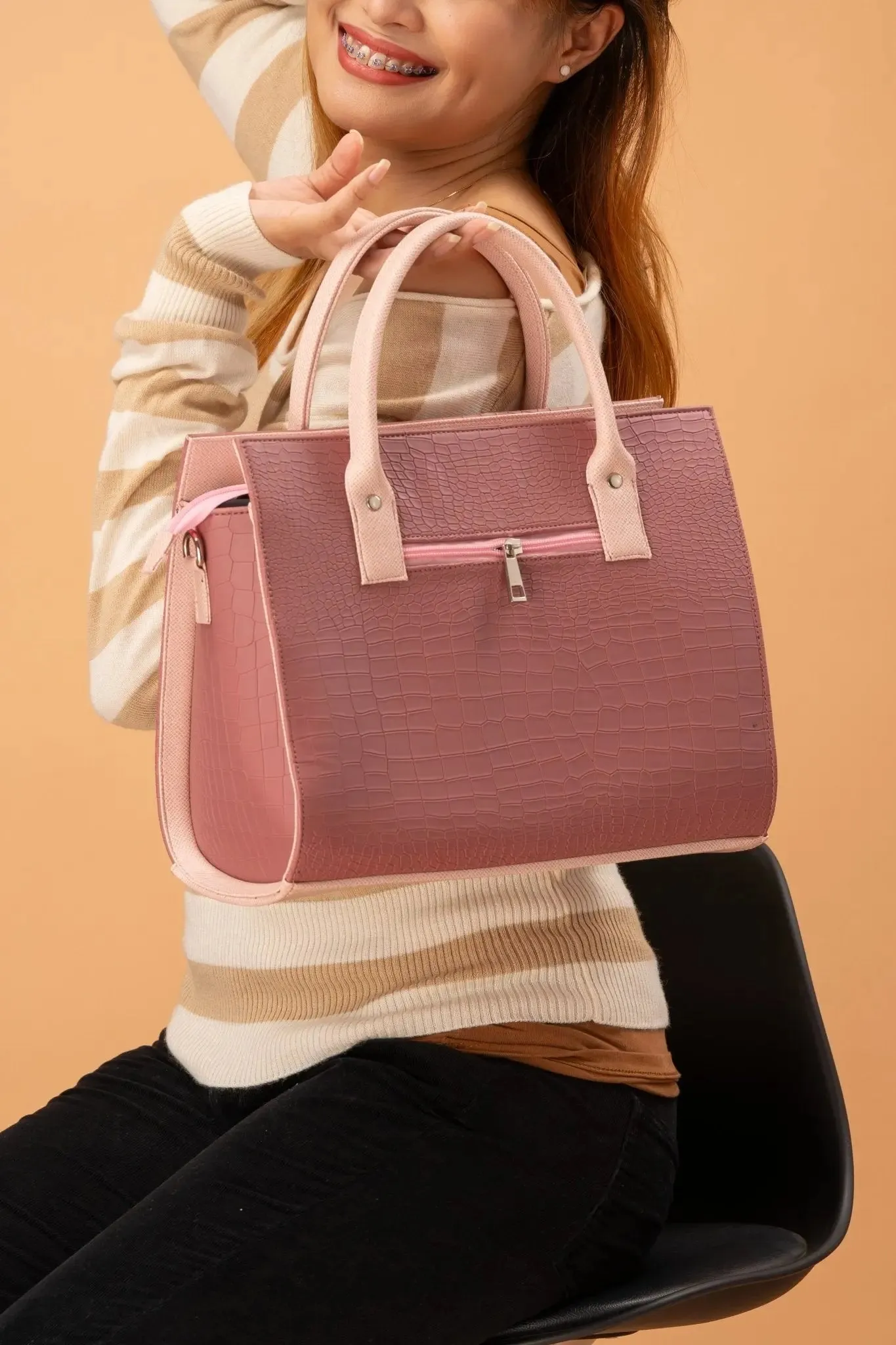 MADELINE Croc Embossed Satchel Bag in Old Rose