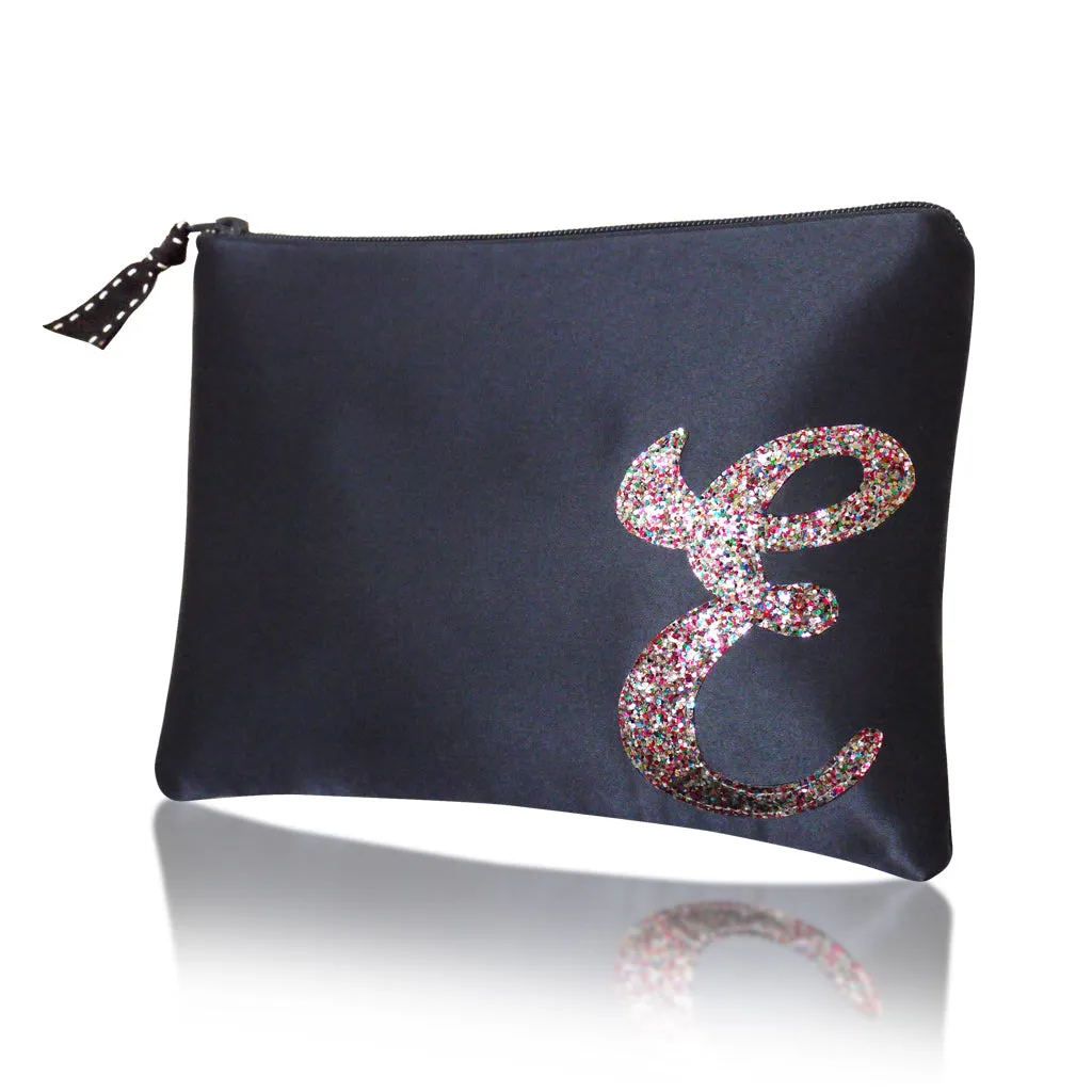 Navy satin zip top personalised initial clutch