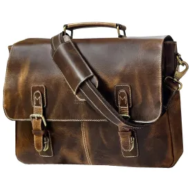 Predator 16" Leather Briefcase Laptop Messenger Bag (Antique Brown)