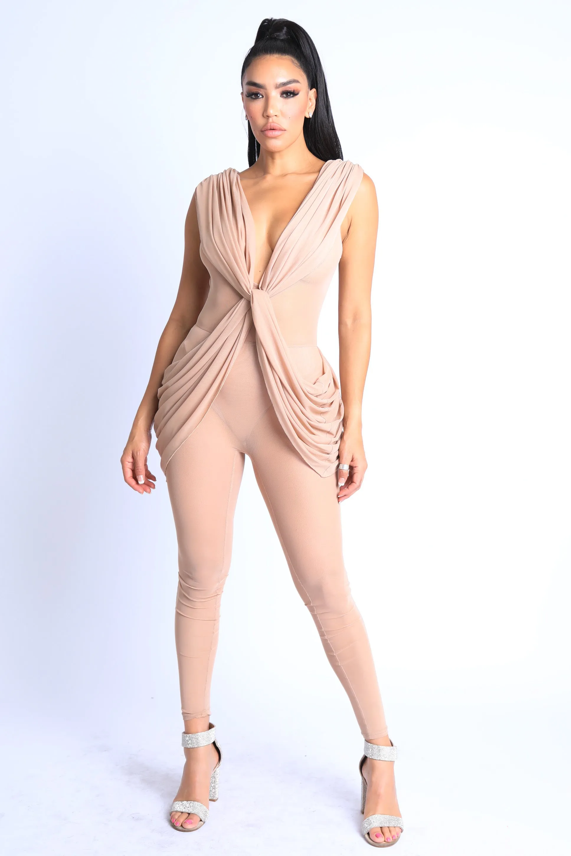 Sexy Sleeveless Lightweight Draped Mesh Jumpsuit Party Clubwear NUDE