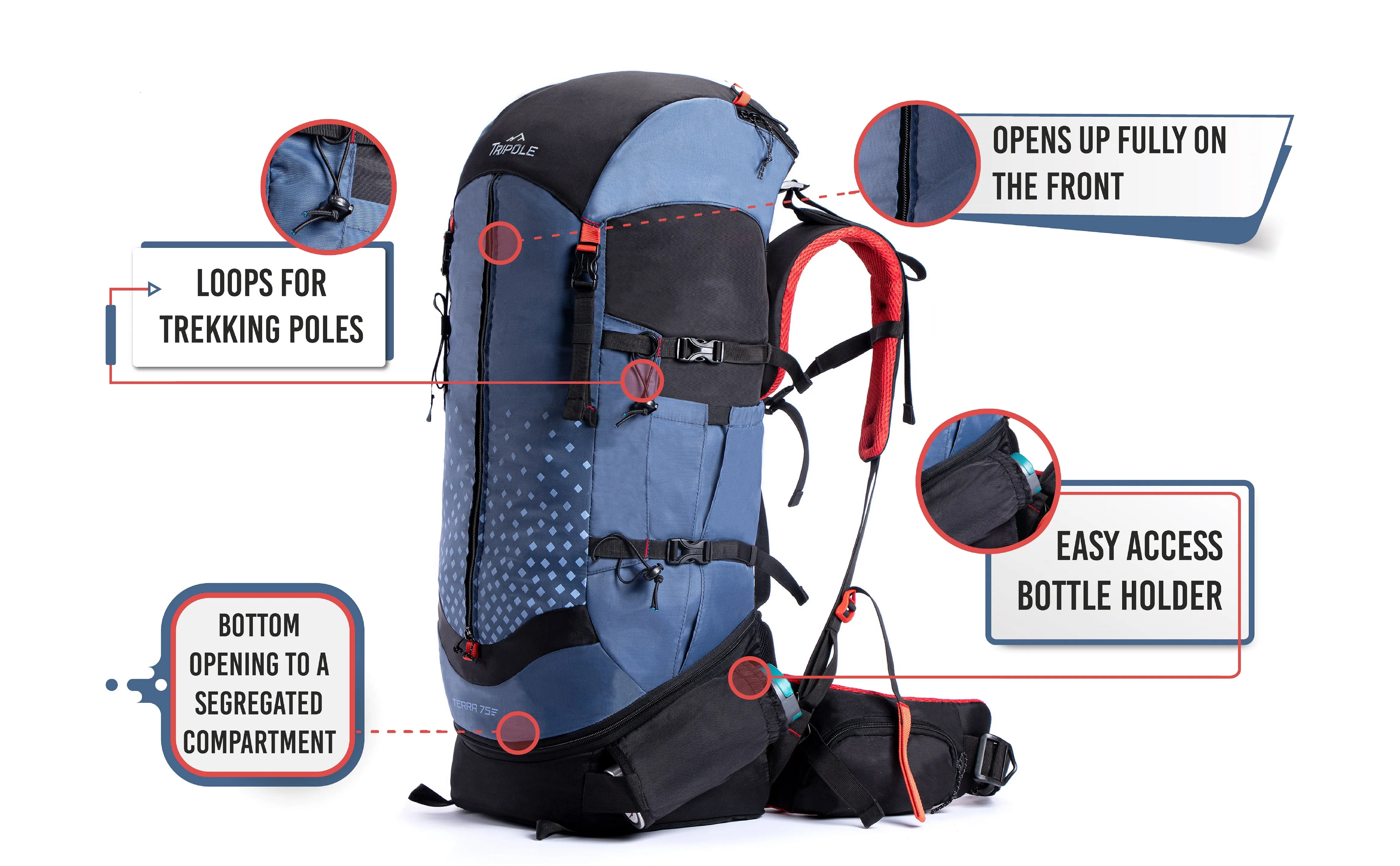 Tripole Terra Backpacking and Trekking Rucksack with Front Opening, Rain Cover and Metal Frame | 3 Year Warranty | Blue | 75 Litres